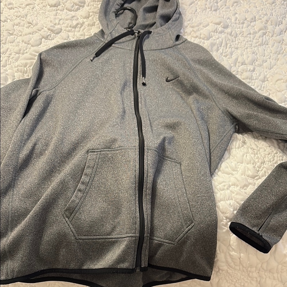 Nike Gray Windbreaker Jacket with Hood and Full-Length Zipper